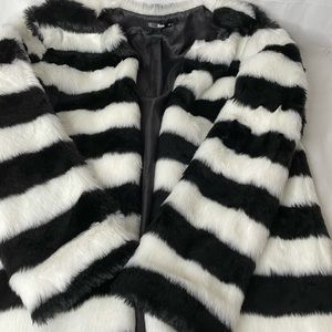 Shein Black and White Stripped Furry Coat NEW